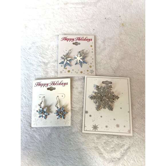 Lot Snowflake Jewelry Pin 2 PRS Earrings Snow Winter Christmas Holiday NEW - Picture 3 of 6